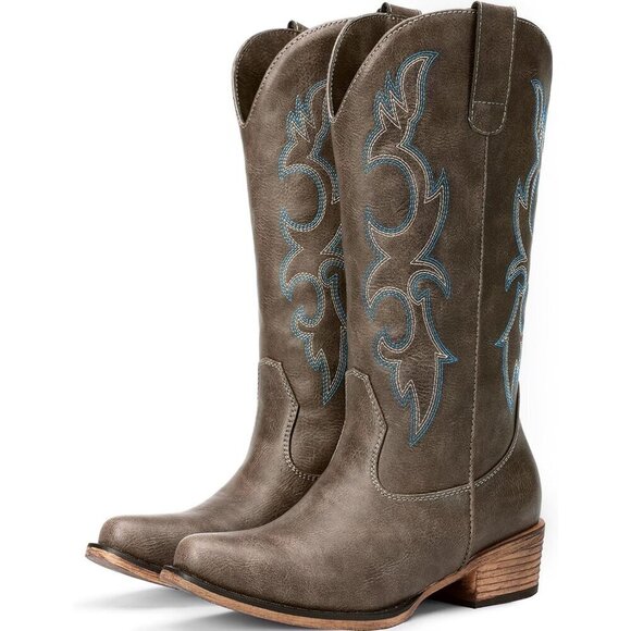 Shoes - Women 's Dark Brown  Embroidered Cowgirl Fashion  Chunky Heel Western Boots